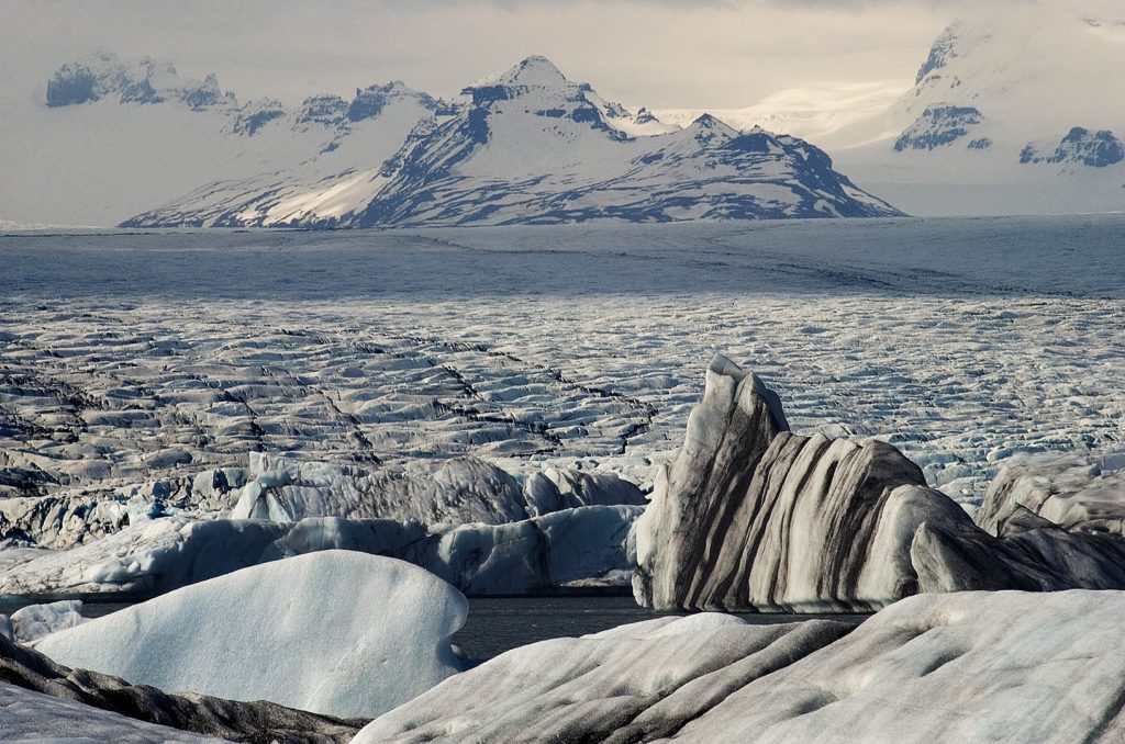 Travel Photography, View towards mountains across Jökulsárlón, Iceland